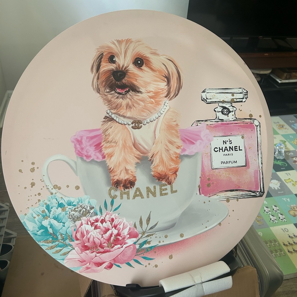 Beautiful, unique Chanel golden sparkly floral round terrier puppy wall art